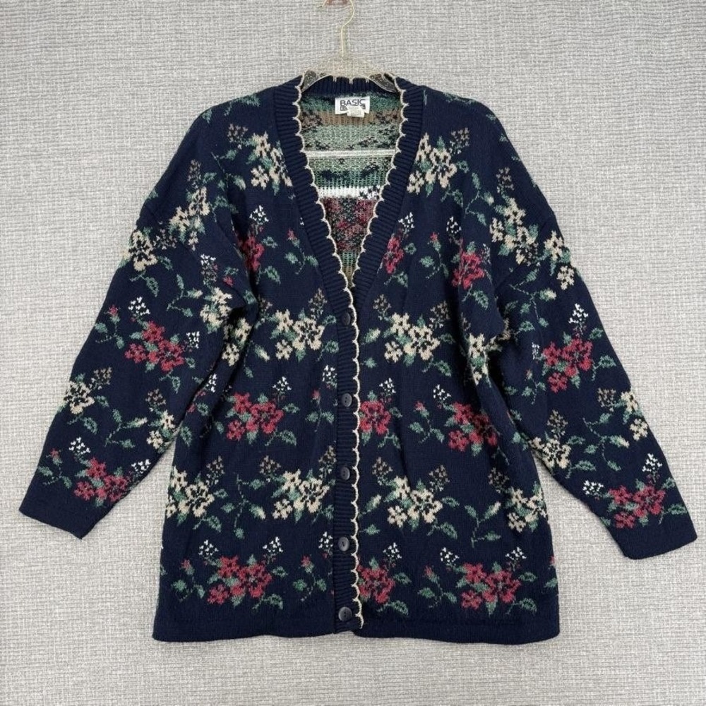 Vtg Basic Editions Cardigan Womens L Blue Floral Knit‎ Button Y2K Cottage V-Neck